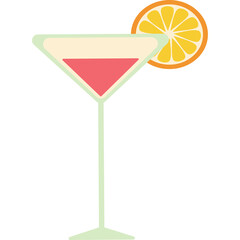 A refreshing pink cocktail in a martini glass garnished with a bright orange slice isolated on a transparent background