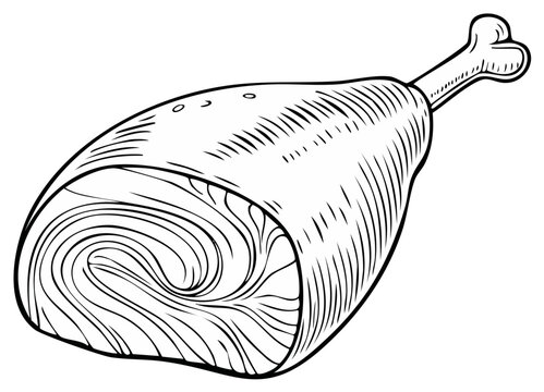 Vintage woodcut illustration of a ham leg with bone in black and white line art