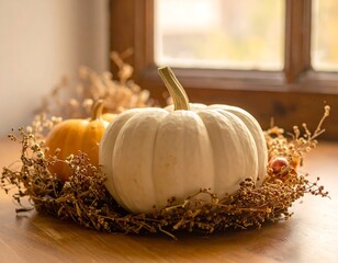 Autumnal Still Life - White and Orange Pumpkins by the Window.
