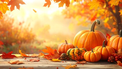 Autumns Bounty - Pumpkins and Leaves in Golden Light.