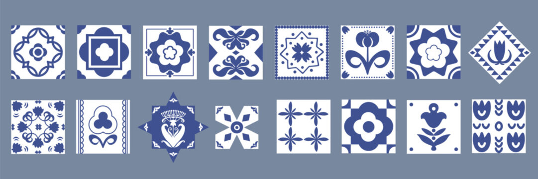 Blue ceramic tile pattern collection isolated on white background