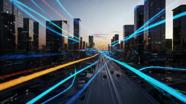 High-altitude drone video of a futuristic megacity at dusk. Time-lapse from golden hour to star-speckled night, neon light trails weave through skyscrapers, creating a dynamic future concept