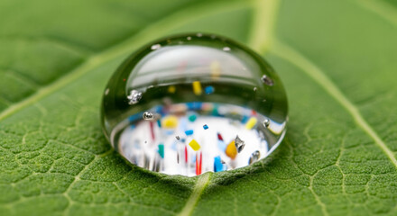 Water droplet on green leaf reflecting colorful microplastic particles and microscopic fragments, close up nature conservation concept with environmental pollution emotion