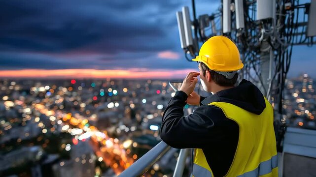 Defocused telecommunications worker with focused completed antenna array against dramatic evening city backdrop, with copy space