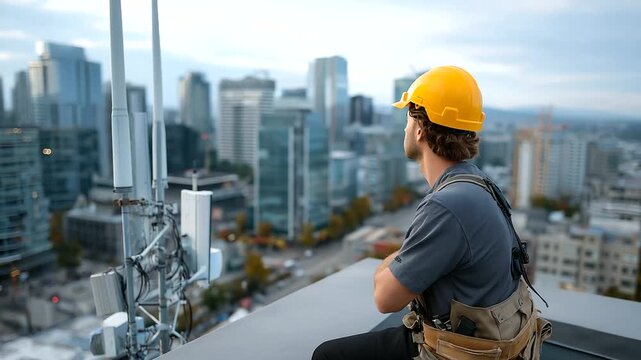 Back turned installer on rooftop with sharp mounted communication hardware and defocused urban skyline, with copy space