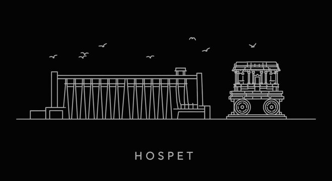 Hospet India Skyline Line Art with Dam and Chariot
