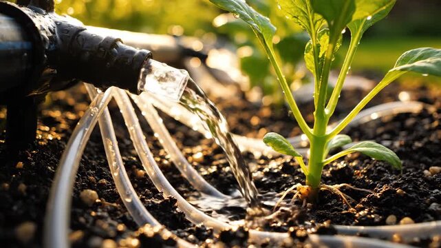 Cinematic macro shot of a drip irrigation system delivering water drops to plant roots, a microcirculation metaphor.