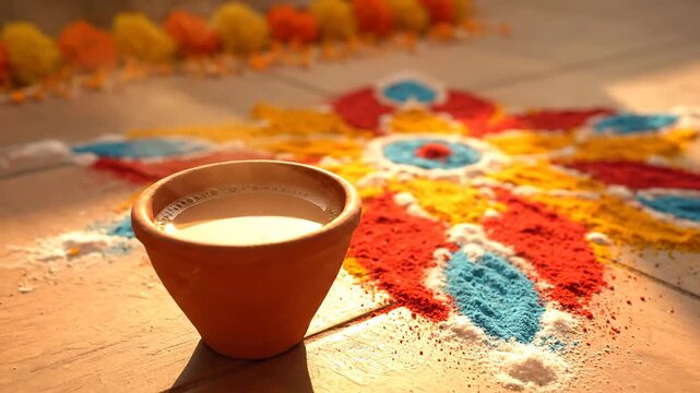 A cup of masala chai tea with colorful rangoli background on the floor artistic