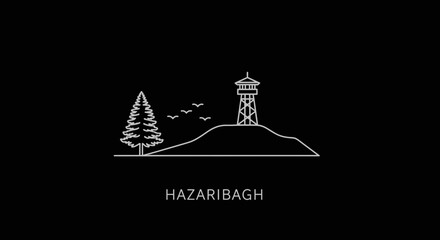 Hazaribagh Cityscape Line Art with Tree and Watchtower