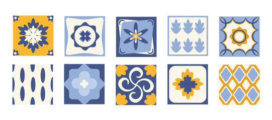 A set of blue and yellow Mediterranean ceramic tile pattern. © ausra