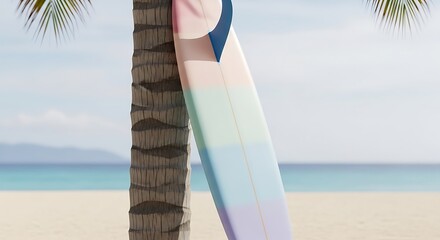 A person wearing a swimsuit leans against a surfboard next to a palm tree on a sunny beach.