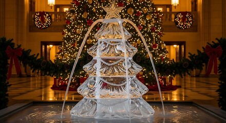 An elegant water fountain shaped like a Christmas tree, adorned with festive decorations.