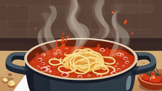 Dynamic vector illustration capturing the essence of fresh spaghetti pasta gently submerging into a simmering pot of rich, vibrant tomato sauce, emanating appetizing steam