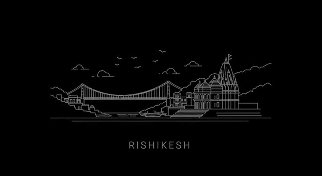 Rishikesh India Skyline Line Art on Black Background