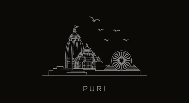 Jagannath Temple Silhouette with Birds and Sun Wheel, Puri, India