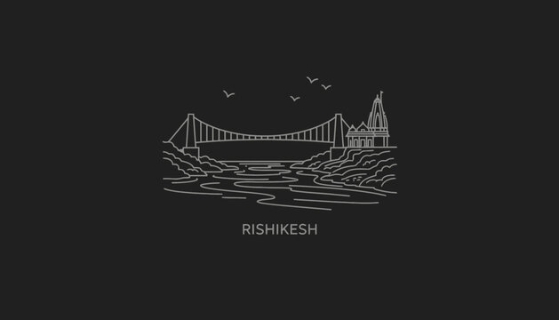 Rishikesh Landmark Line Art With Bridge And Temple