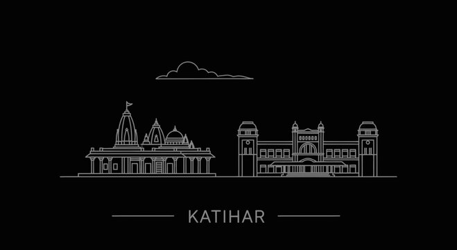 Katihar Skyline Line Art on Black Background