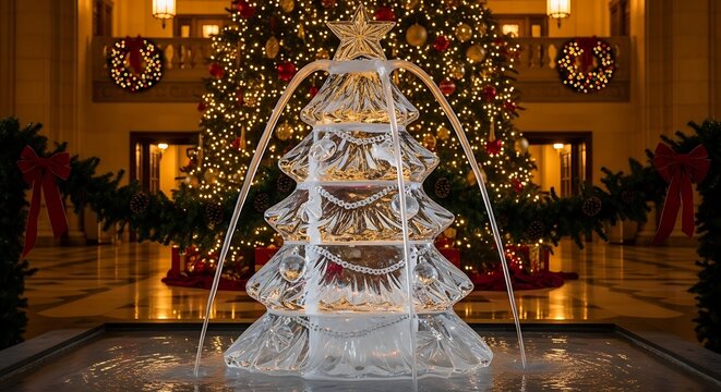 An elegant water fountain shaped like a Christmas tree, adorned with festive decorations.