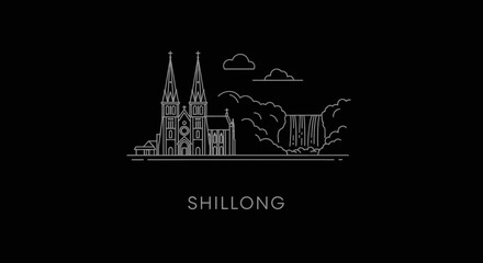 Obraz premium Shillong Skyline Landmark Illustration with Waterfall and Church