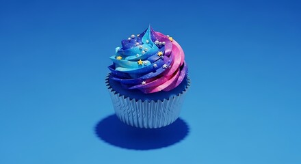 A single cupcake with colorful frosting and sprinkles sits on a blue background.