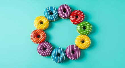 A vibrant arrangement of colorful glazed donuts forming a circular pattern on a turquoise background.