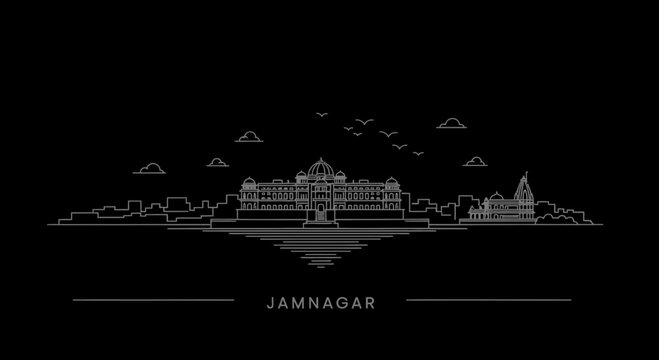 Jamnagar skyline graphic line art on black background