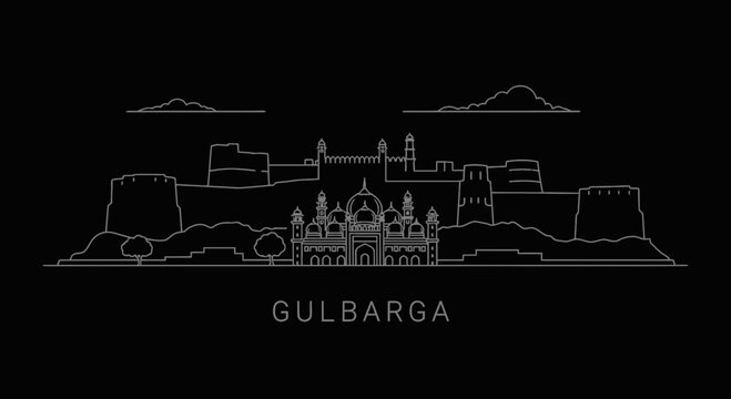 Gulbarga Fort Skyline Line Art Black Background