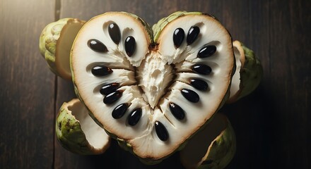 Heart-shaped custard apple fruit cut open, revealing seeds and texture, on a wooden surface.