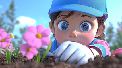 Cartoon Girl Gardening With Pink Flowers