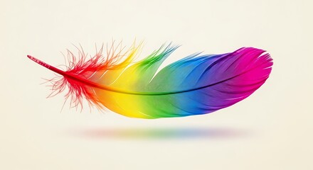 A vibrant, colorful feather floats against a soft, neutral background, showcasing its rainbow hues.