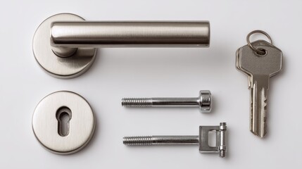 A close-up of a silver door handle and key, with a metallic texture and a white background.