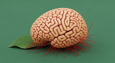 A stylized brain rests on a green leaf with red, root-like tendrils, suggesting growth.