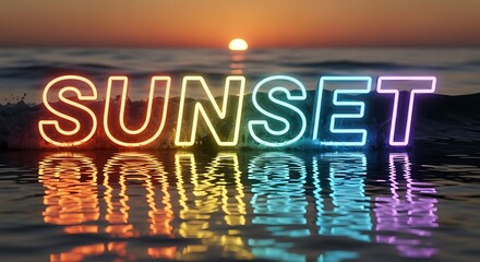 Vibrant neon sign spelling "SUNSET" reflects in calm ocean water, with the sun setting in the distance.