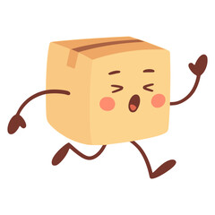 Cute delivery cardboard box cartoon character flat color vector illustration template design