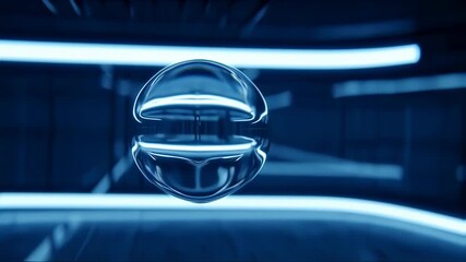 A clear, spherical object floats in a futuristic, blue-lit space with neon and architectural forms - Powered by Adobe