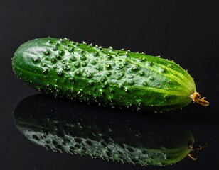 Fresh Cucumber on Black Reflective Surface - A Culinary Delight.
