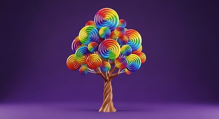 A whimsical, stylized tree with a textured trunk and vibrant, colorful lollipop-like spheres as leaves.