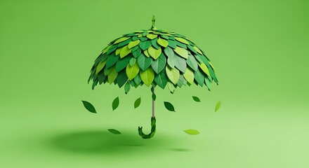 A creative umbrella design, crafted from green leaves, with falling leaf elements against a green backdrop.