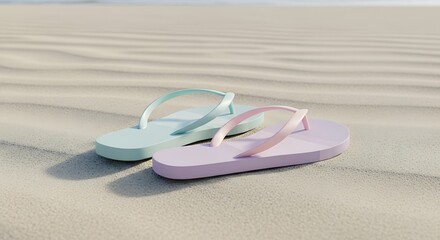 Pastel-colored flip-flops resting on a sandy beach, evoking summer relaxation and leisure.