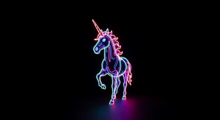 A glowing neon unicorn with a horn and mane, walking gracefully against a dark background.