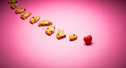 Chocolate chip cookies progressively broken, leading to a red heart-shaped candy on a pink background.