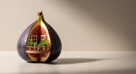 A creative and artistic depiction of a fig fruit with a miniature balcony scene.
