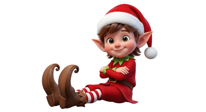 Cute cartoon elf wearing a red and green christmas outfit, sitting with arms crossed and a happy expression, isolated on transparent background