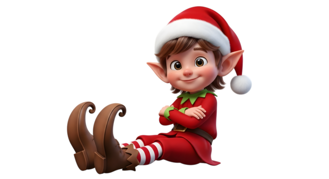Cute cartoon elf wearing a red and green christmas outfit, sitting with arms crossed and a happy expression, isolated on transparent background