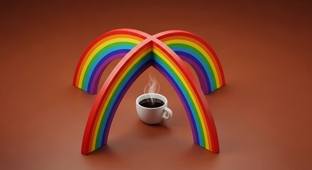 A steaming coffee cup is nestled beneath two intersecting rainbow arches on a brown surface.