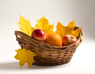Autumn Harvest - Basket of Apples and Maple Leaves.