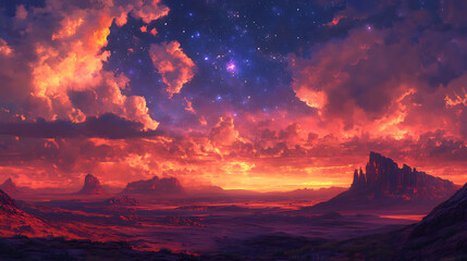 Dramatic sunset sky above mountain range landscape