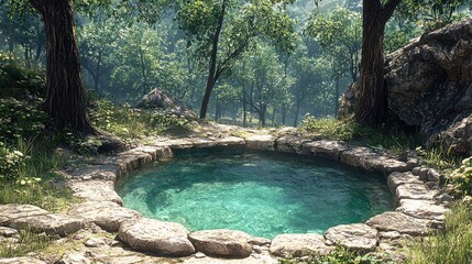 Naklejka premium A tranquil, clear pool surrounded by stones and greenery in a lush forest setting