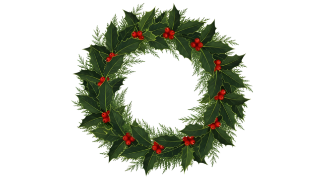 A beautiful, festive christmas wreath made of holly leaves and red berries, isolated on a transparent background, perfect for holiday decorations and seasonal designs