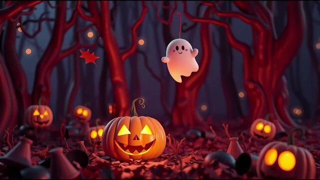 Cute 3D Halloween scene with glowing jack-o&rsquo;-lantern and friendly ghost in spooky forest